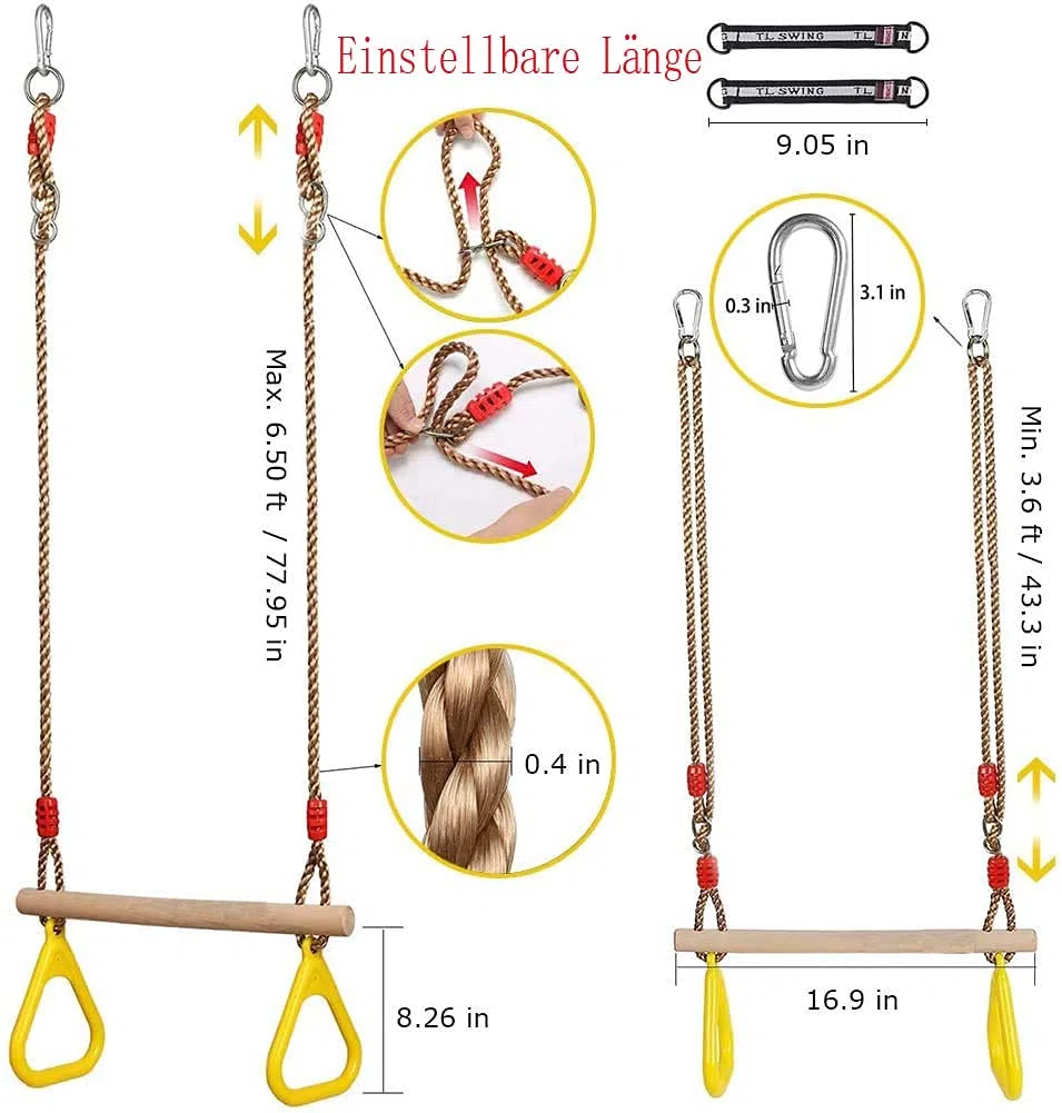 Multifunzionale Altalena a trapezio in legno, Morwealth Altalena Fitness Ring, con anelli in plastica anelli per ginnastica anelli per bambini fino a un carico di 120 kg