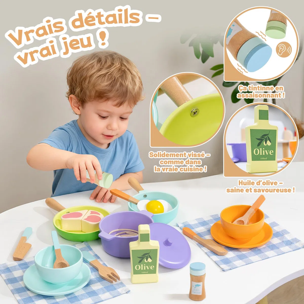 Set Cucina Bambini in Legno 21 Pezzi con Pentole e Accessori, Giocattolo Educativo Montessori e Gioco di Ruolo per Creatività, Età 3+ Anni