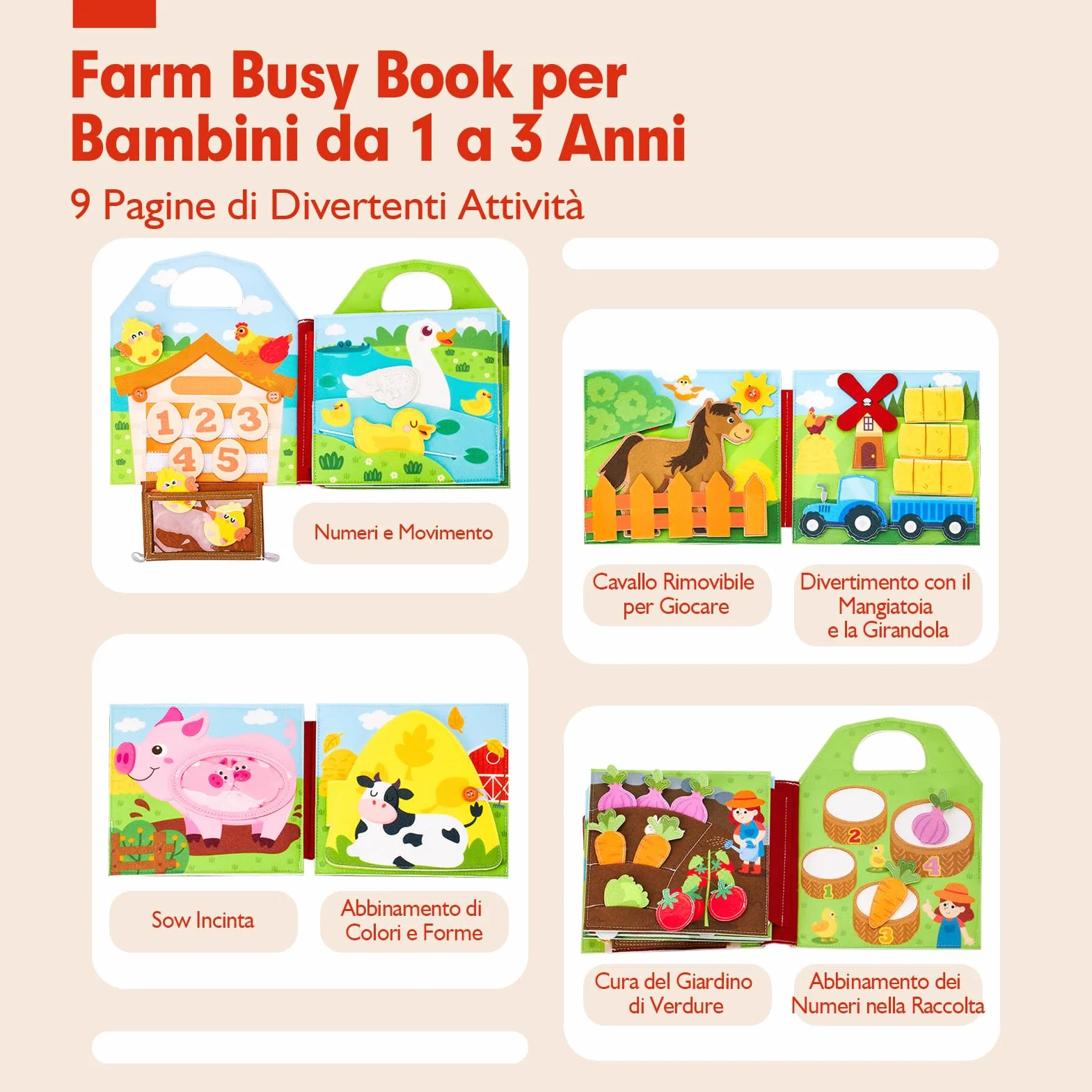 hahaland Libro Montessori Interattivo 1 Anno - Montessori Busy Board Feltro Pannello Sensoriale Bambini 1 2 3 Anni - Quiet Book Educativo Regalo Bimbo Bimba