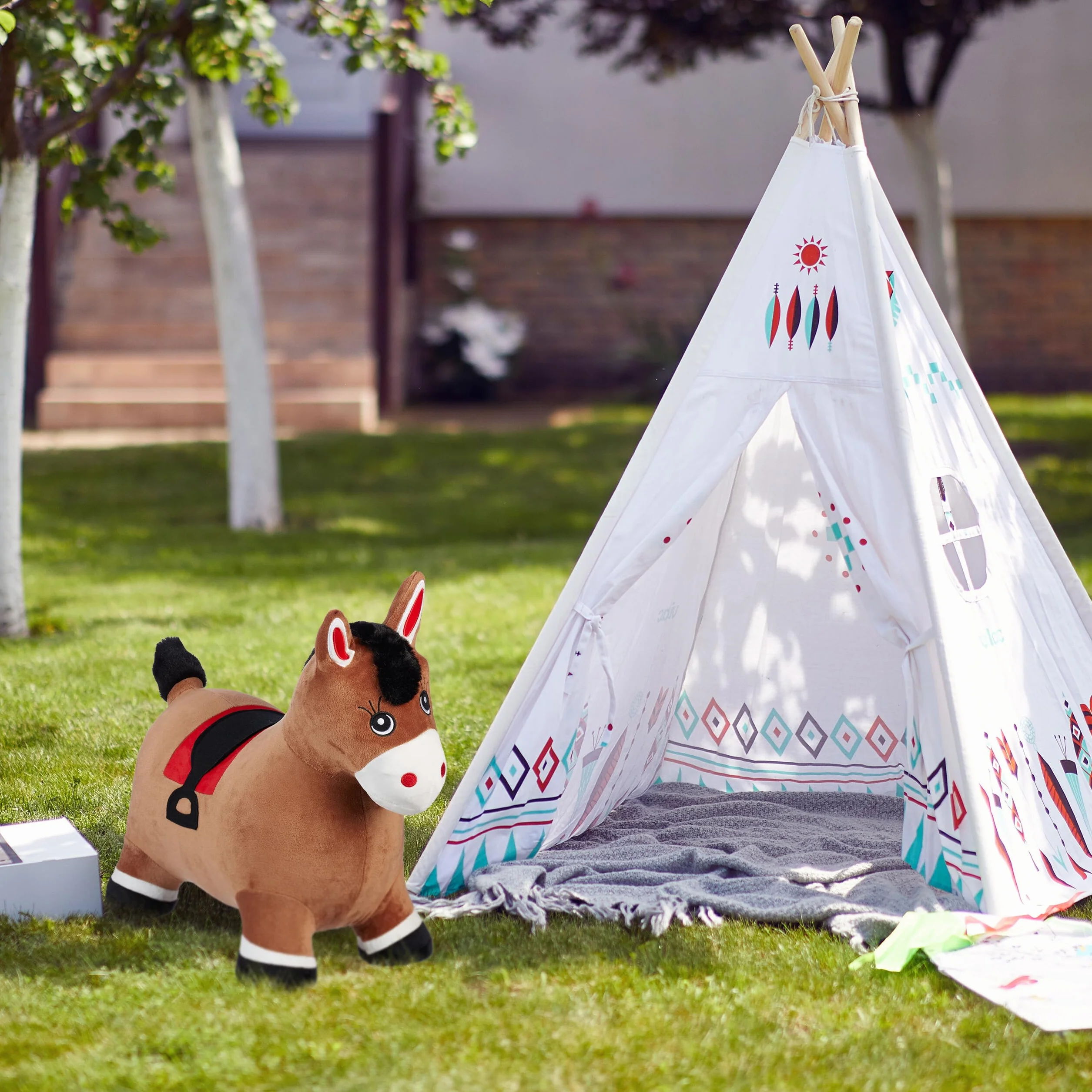 Relaxdays Cavallo Gonfiabile per Bambini da 3 Anni, Animale Saltellante, Regge 50 kg, BPA-Free, Pompa Manuale, Marrone