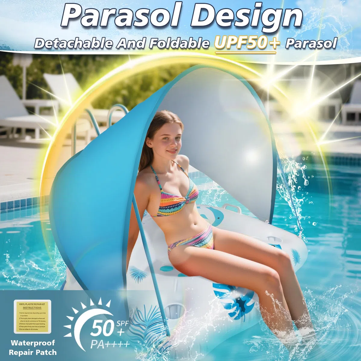 IEEILULU Gonfiabile Piscina Adulti, Sedia Galleggiante per Piscina con Parasole e Luci de Colore, Poltrona Gonfiabile Mare Piscina Giganti per Esterni, Spiagge, Laghi