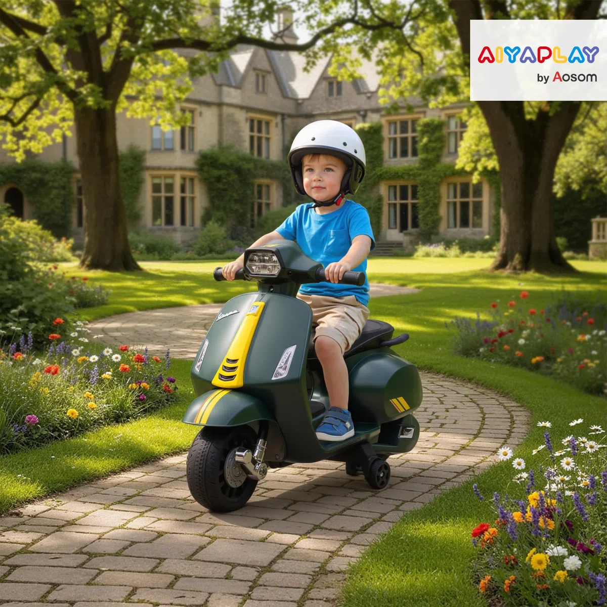 AIYAPLAY Moto Elettrica per Bambini con Licenza Vespa Ufficiale, Motorino per Bambini con Batteria Ricaricabile 6V e Rotelle, Luci e Clacson, Età 2-4 Anni, Verde Scuro