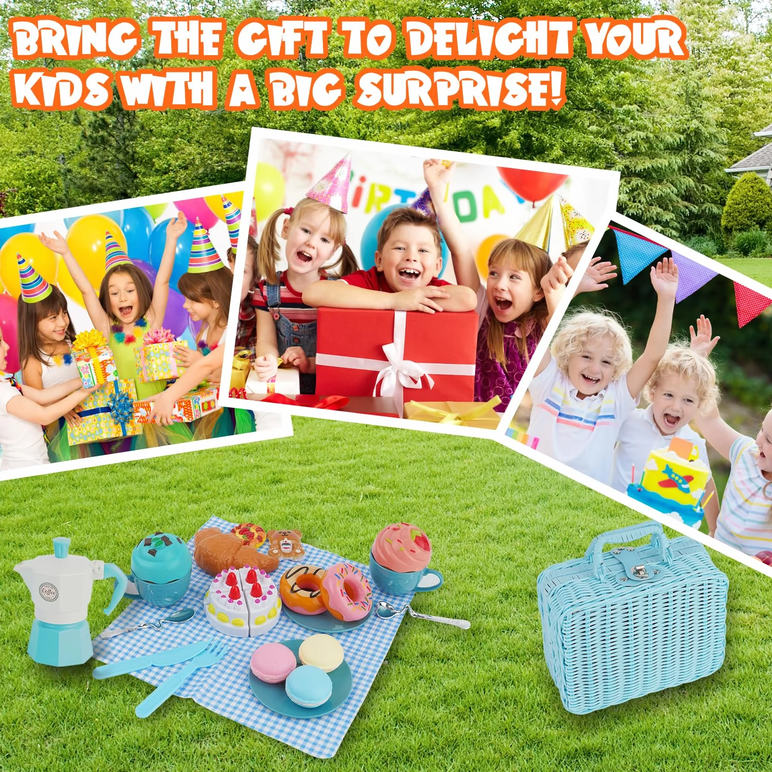 Cucina Giocattolo per Bambini,Accessori Cucina Bambini con Cestino da Picnic ,Tappetino, Dolce e Caffettiera,Cibo Giocattolo,Giocattoli da Picnic per Bambina 3 4 5 anni (Blu)