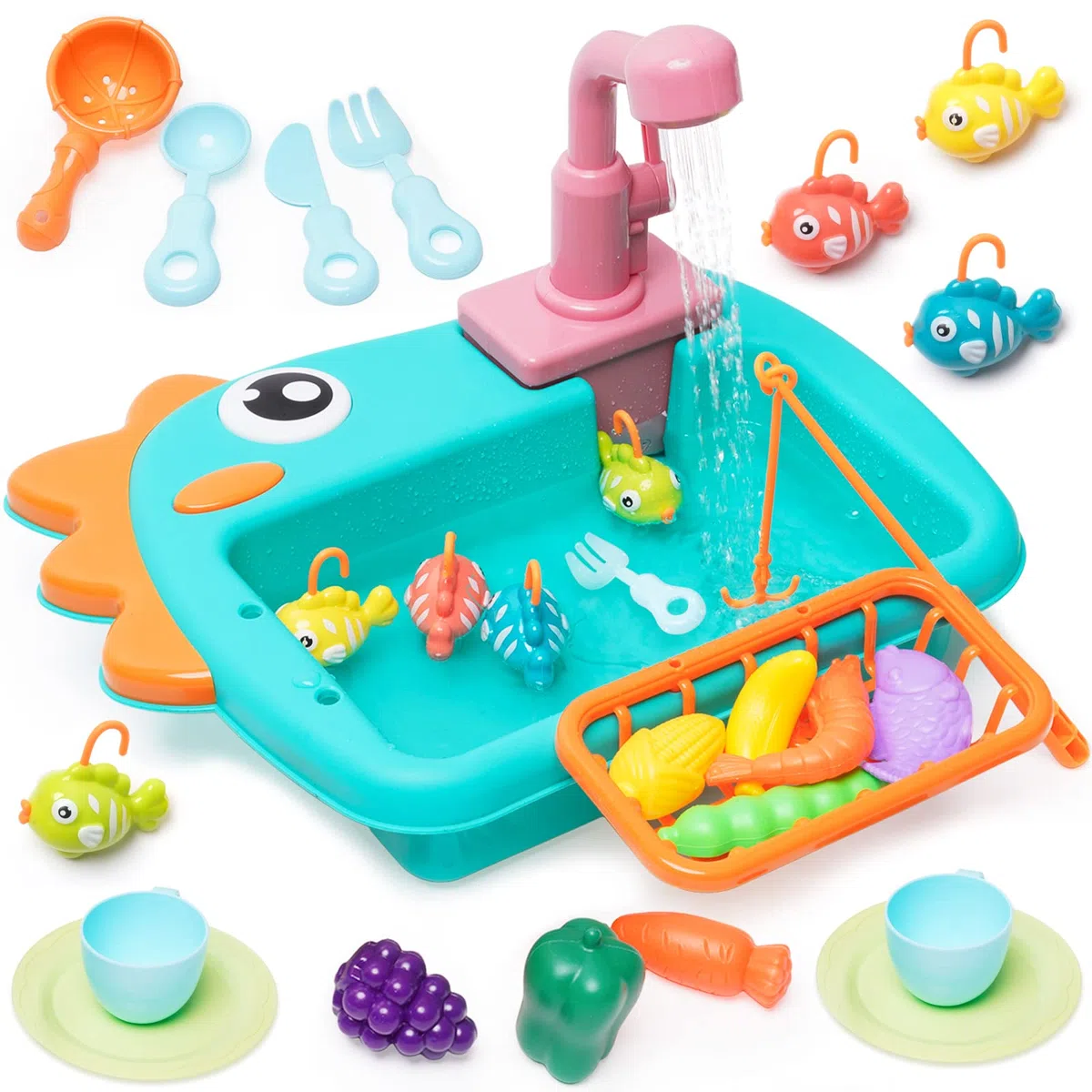 Giocattolo del Lavandino della Cucina Giocattoli da pesca,Giocattolo da Cucina Multifunzionale con Rubinetto Elettrico Aggiornato,Giocattoli educativi intelligenti per bambini 3 ai 6 Anni