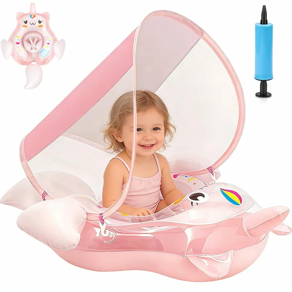 Salvagente Neonato, Ciambella Neonato Con Parasole E Pompa Ad Aria, UPF50+ Protezione UV, Salvagente Bambini Per Adatto Per Bagno, Piscina, Mare Per Bambini Dai 3 Ai 36 Mesi (L)