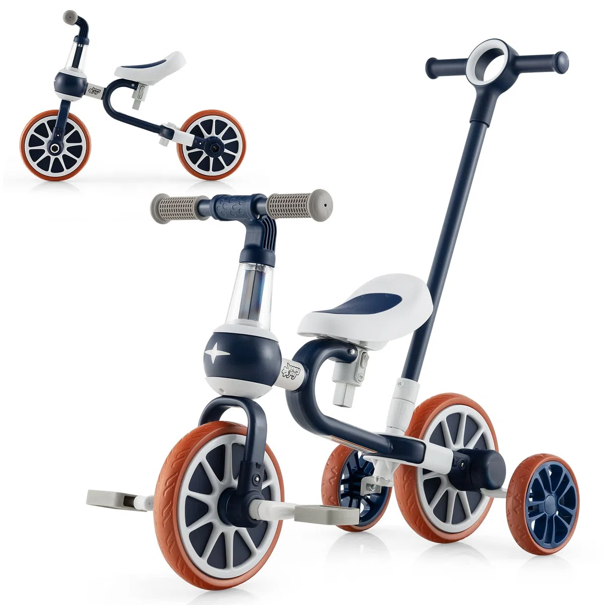 COSTWAY 4 in 1 Triciclo per Bambini con Maniglia di Spinta, Triciclo per Bambini Bicicletta Equilibrio con Maniglia, Sedile Regolabili e Pedali Rimovibili, per 2-4 anni (Blu Navy)