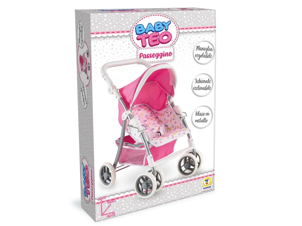 Teorema Giocattoli Passeggino per Bambole Leggero e Pieghevole, Carrozzina per Bambole con Cappotta Regolabile, Cesto Portaoggetti, Struttura in Metallo, Passeggino Giocattolo Bambina Manovrabile,Rosa