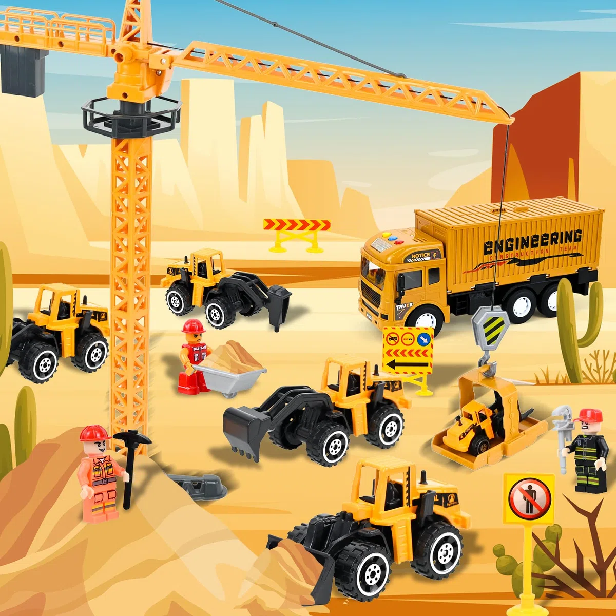 Joellfuner Camion da Cantiere Giocattolo per Bambini, Veicolo Giocattolo da Trasporto con Musica, Luci e Doppia Pista, Camion Carrier Auto Giocattolo Ragazzi con Costruzione Torre Gru per 3+ Anni