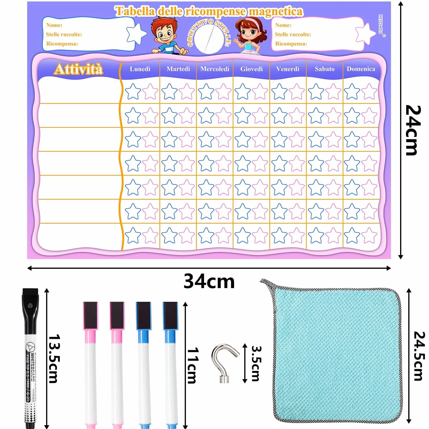 Tabella Delle Ricompense per Bambini,Tabellone Delle Ricompense bambini,Tabella Delle Ricompense Magnetica,Routine Bambini Giornaliera,Buon Comportamento in Ragazzi/Ragazze,5 Penne,34X24 cm (Italiano)