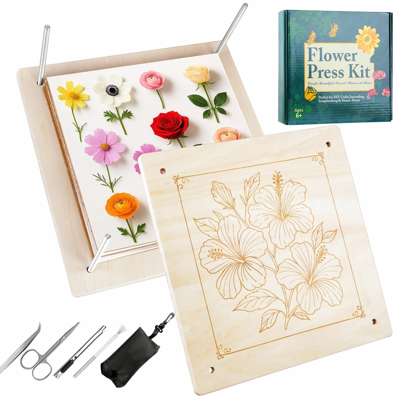 Kit di pressa per fiori in legno per piante - 27,5 x 27,5 cm - Kit fai da te per pressare e asciugare fiori e piante - Riutilizzabile - Per adulti e bambini - Per gli amanti della
