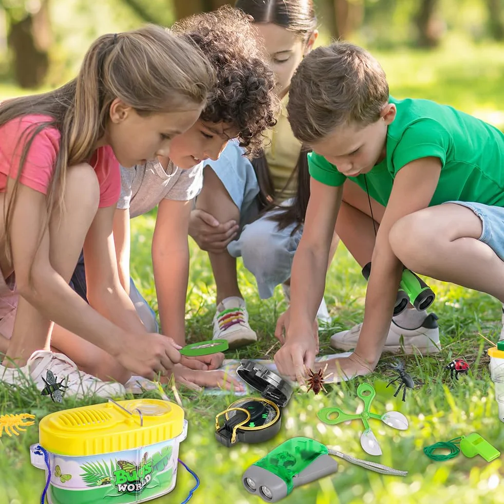 25 Pezzi Kit Esploratore da Esterno per Bambini, Binocolo Giocattolo per Bambini, Torcia, Lente d'Ingrandimento, Zaino