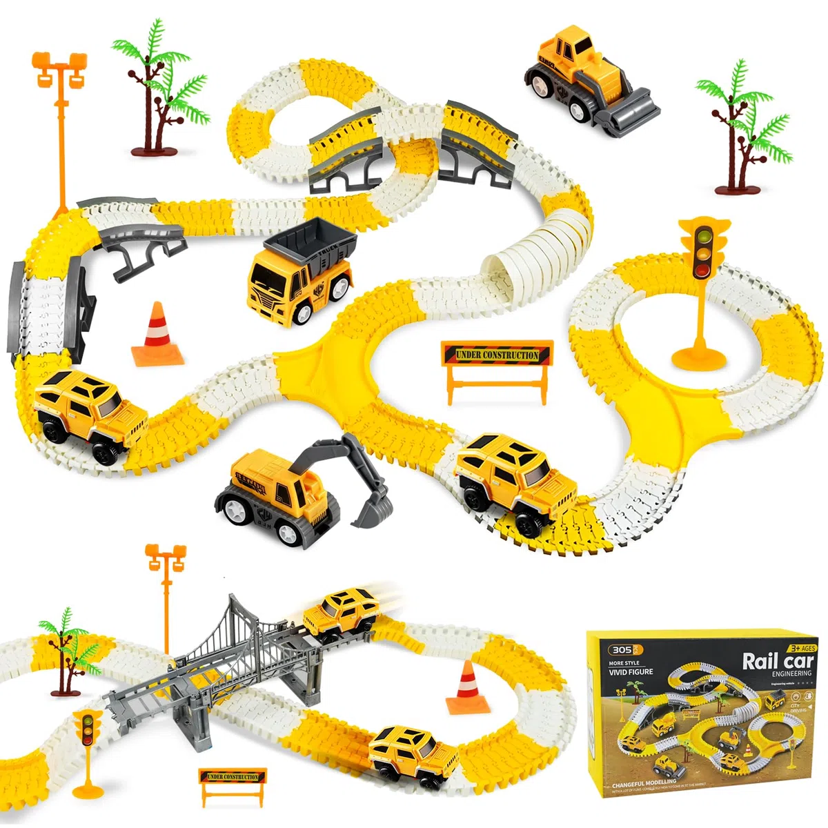 PATEMZON 305 Pezzi Set di Giocattoli Veicoli da Costruzione, Pista Macchinine Giocattolo per Bambini, Set da Pista Auto Flessibile con 6 Auto, Macchinina Giocattoli Natale Regalo Bambini 3+ Anni