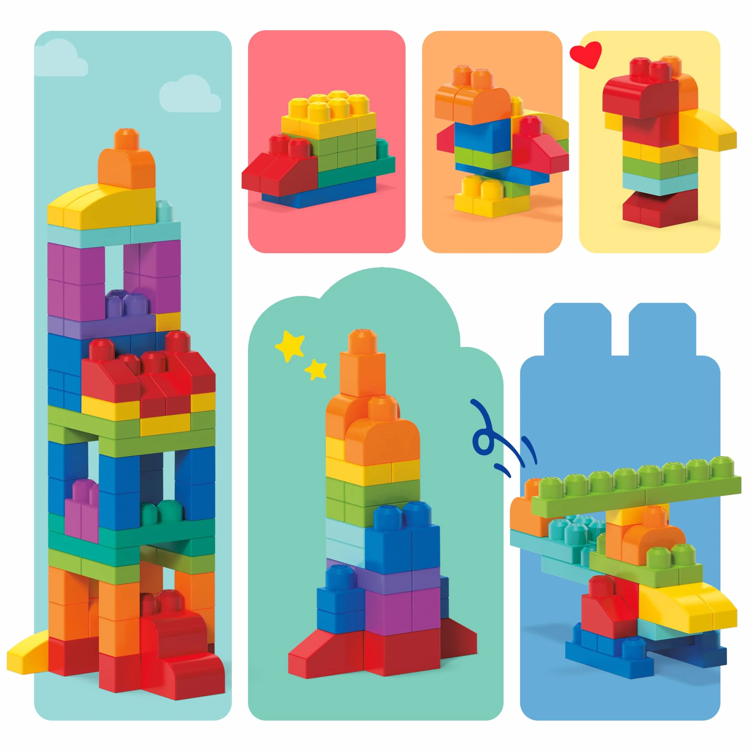 MEGA Bloks-Big Building Bag Sacca Ecologica, 80 Pezzi, Blocchi da Costruzione, Giocattolo per Bambini 1+ Anni, Colore Blu, DCH63