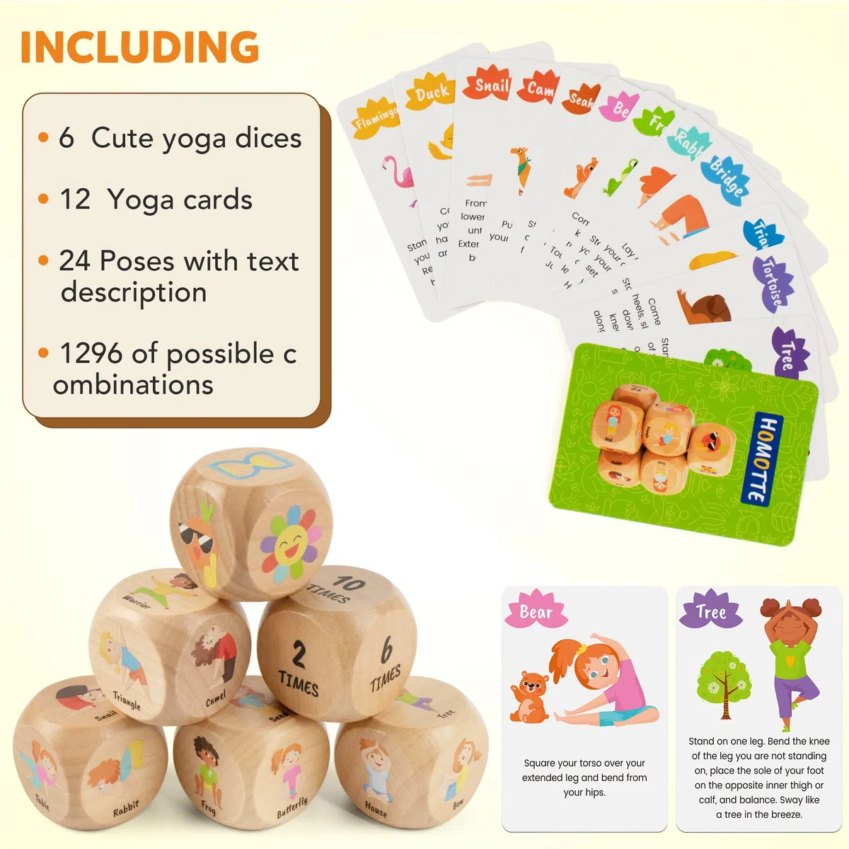 Homotte Set di dadi da yoga in legno per bambini, divertente gioco di allenamento con 6 cubi di esercizio, 12 carte yoga e una scatola, per la festa della mamma, per lo yoga di Natale per ragazze e