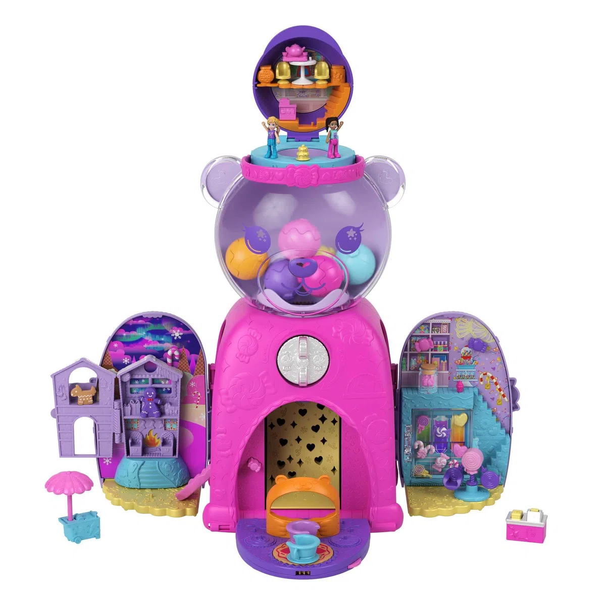Polly Pocket Orsetto Dolci Sorprese - Playset con 4 aree gioco e 32 pezzi gioco: 2 bambole, caramelle non commestibili e funzione di ricarica, Giocattolo per Bambini 4+ Anni, HJN90