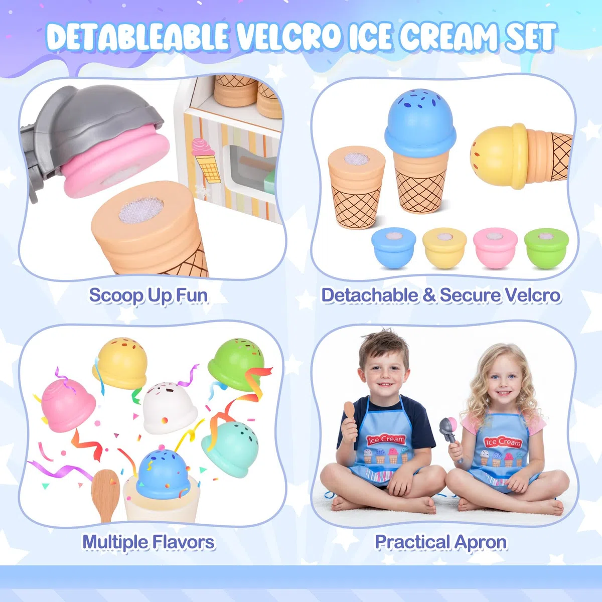 Gelateria Giocattoli in Legno per Bambini - Giochi Bambini 3 Anni, Accessori da Cucina da Gioco in Legno Montessori Gioco di Ruolo Regali di per Ragazze e Ragazzi 3 4 5 6 Anni