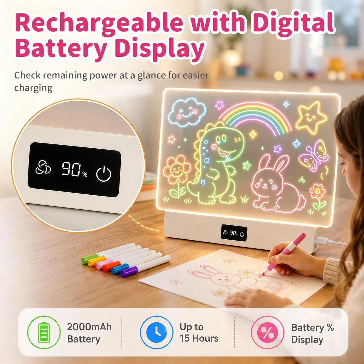 OUTON Lavagna Luminosa LED Bambini con 8 Colori e 3 Modalità di Luce, Tavoletta da Disegno Riutilizzabile con 7 Pennarelli e Modelli, Gioco Creativo per Bambina e Bambino, USB-C