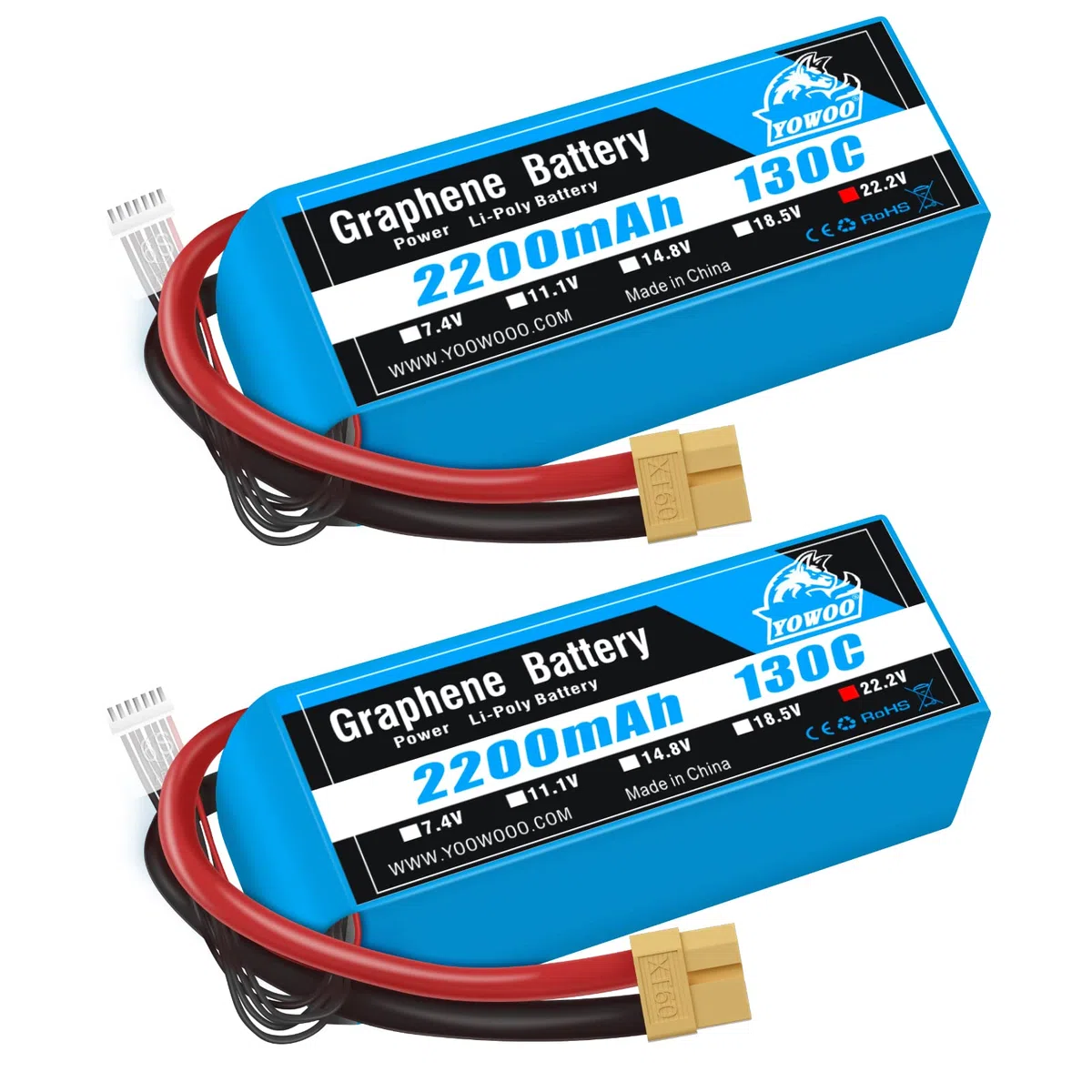 Yowoo 2pcs 6s Lipo Batteria 22.2V 2200mAh 130C con XT60 Connettore Grafene Batteria per RC Evader BX Auto RC Truck RC Truggy RC Airplane UAV Drone FPV