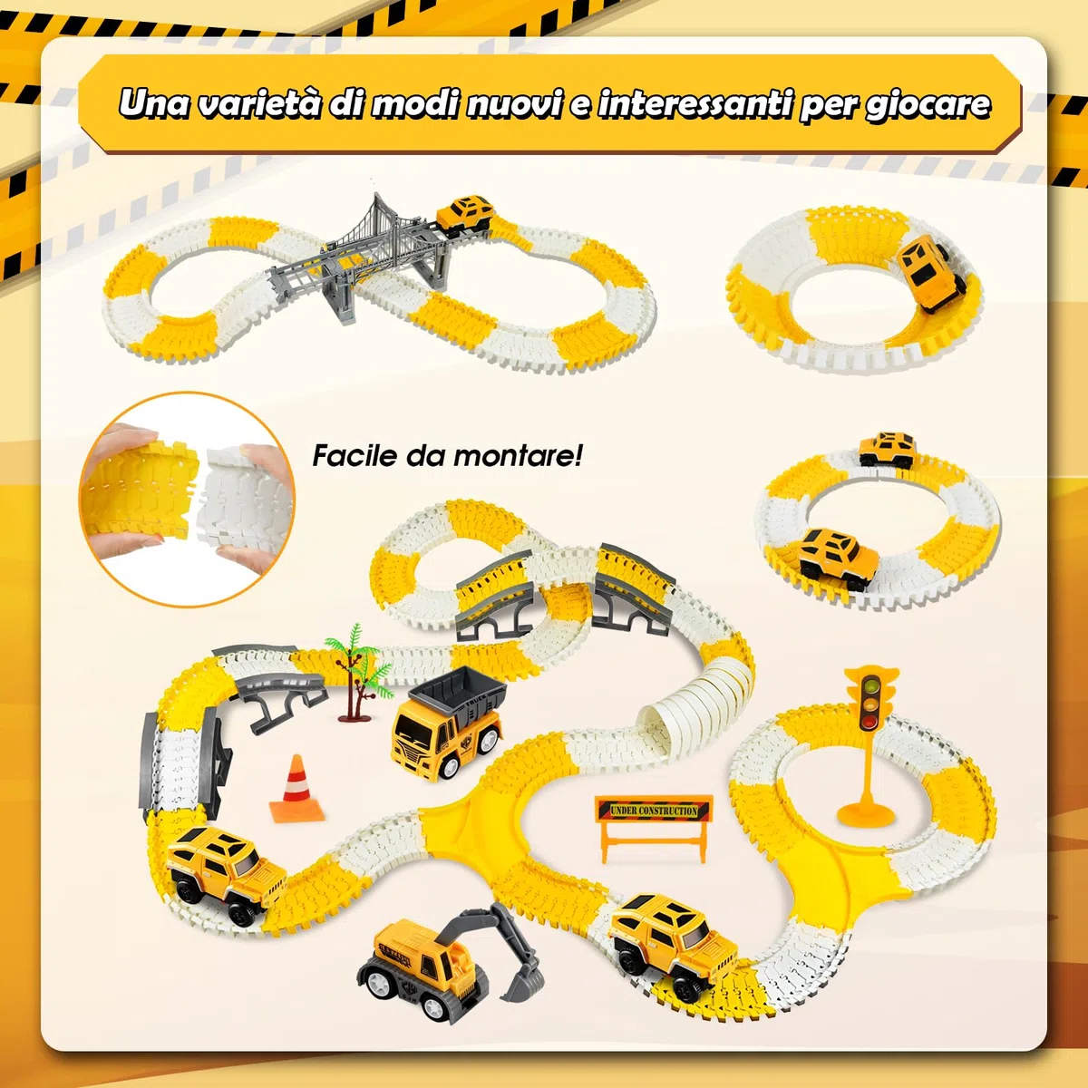 PATEMZON 305 Pezzi Set di Giocattoli Veicoli da Costruzione, Pista Macchinine Giocattolo per Bambini, Set da Pista Auto Flessibile con 6 Auto, Macchinina Giocattoli Natale Regalo Bambini 3+ Anni