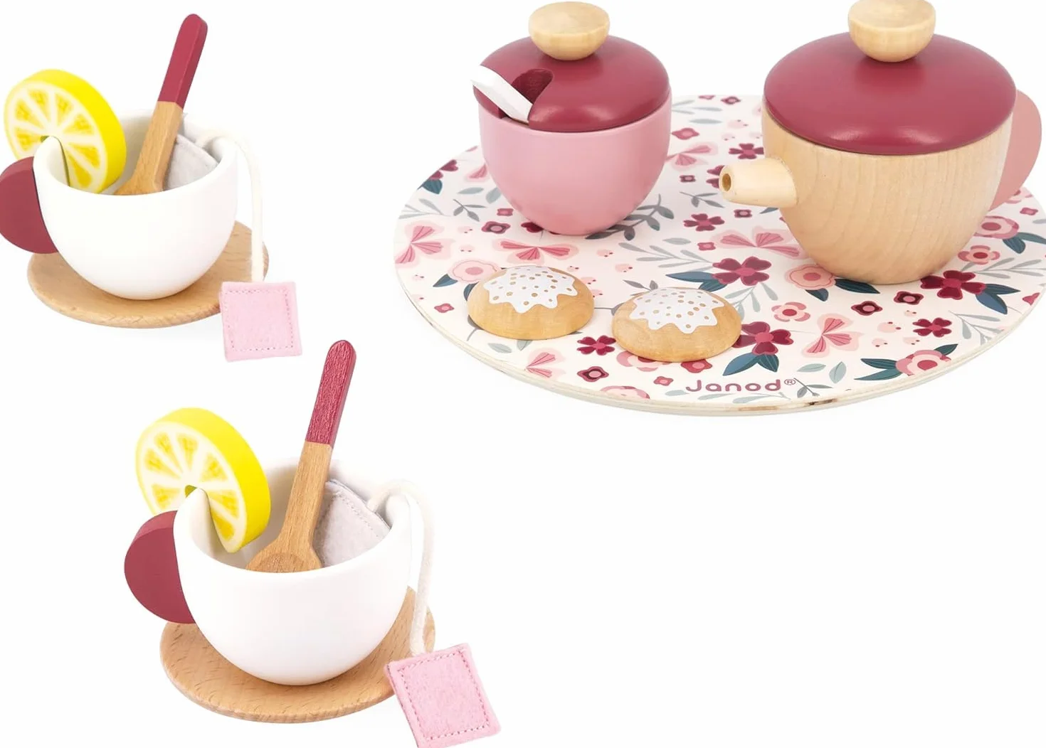 Janod - Servizio da tè Twist - 16 Accessori Legno e Feltro - Giocattolo di Imitazione - Servizio tè Bambini - in Legno FSC - dai 2 Anni, J06631