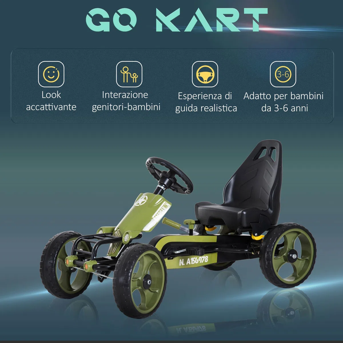HOMCOM Go Kart a Pedali per Bambini con Freno a Mano e Sedile Regolabile, Kart per Bambini 3-6 Anni con Pedale Antiscivolo e 4 Ruote in EVA, Verde