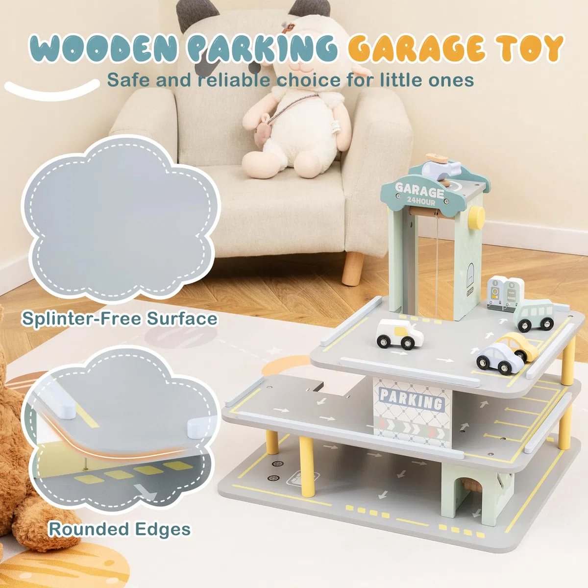 HOMASIS Set di garage a 3 piani, parcheggio in legno con 4 auto, eliporto, stazione di servizio, ascensore, lavaggio auto, garage giocattoli di ruolo per bambini dai 3 anni in su, 50 x 40 x 47 cm,