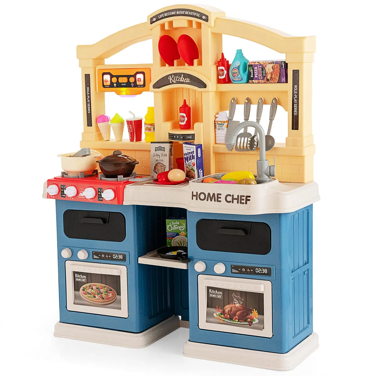 COSTWAY Cucina Giocattolo per Bambini, Cucina per Bambini con Forno, Microonde, Lavello e Rubinetto, Funzione Luci e Suoni, Vapore e Ebollizione, 69 Accessori, per 3+ Anni (Blu)