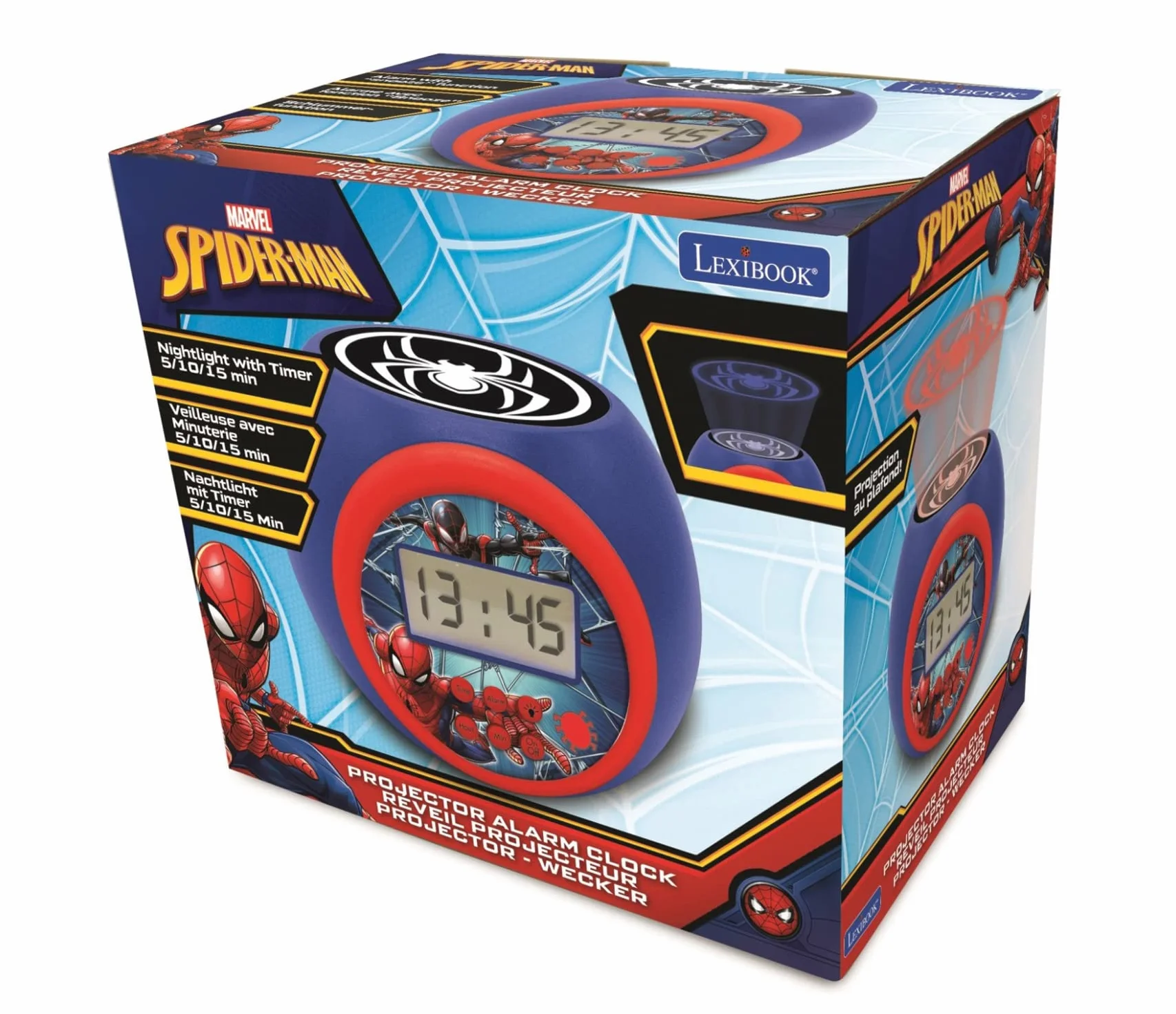 Lexibook, Spider-Man, Sveglia a proiettore con funzione snooze e sveglia, luce notturna con timer, schermo LCD, funzionamento a batteria, blu/rosso, RL977SP