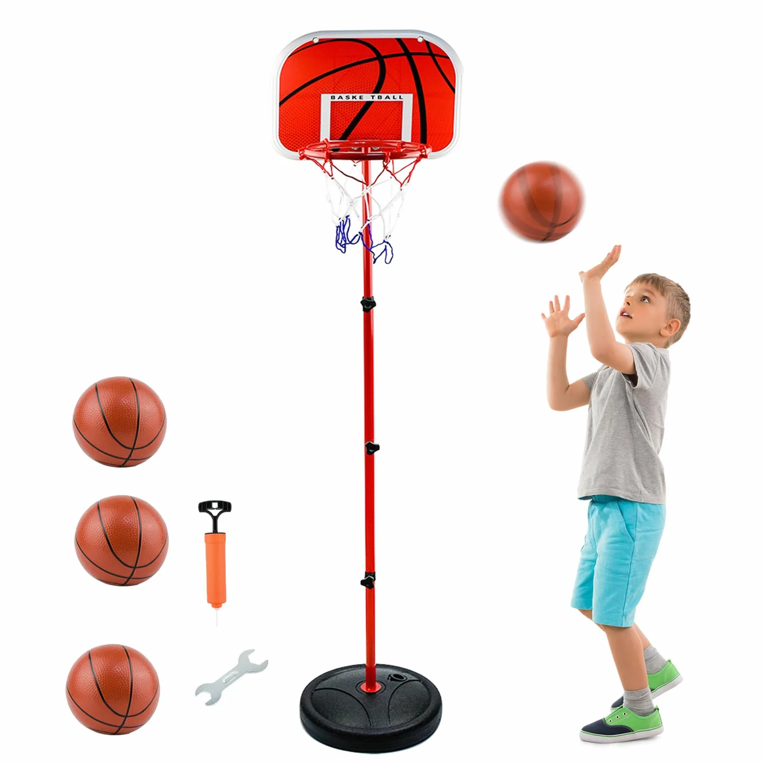 Canestro Basket Bambini e Supporto, portatile da 50 cm-150 cm Regolabile per interni ed esterno, Con 3 palle, rete, pompa