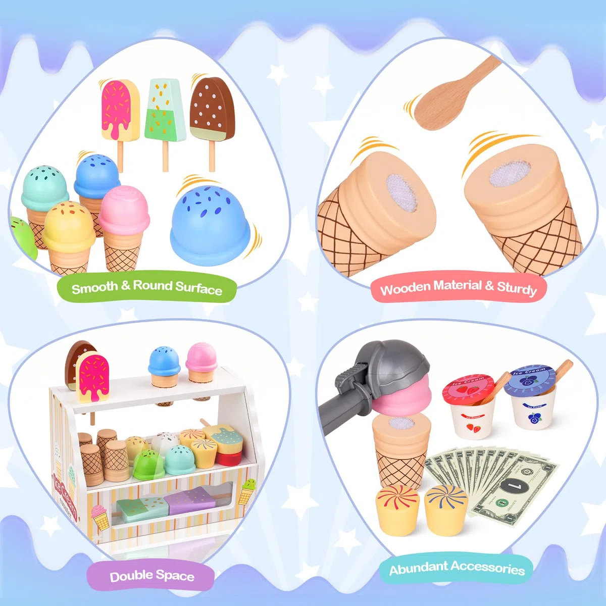 Gelateria Giocattoli in Legno per Bambini - Giochi Bambini 3 Anni, Accessori da Cucina da Gioco in Legno Montessori Gioco di Ruolo Regali di per Ragazze e Ragazzi 3 4 5 6 Anni