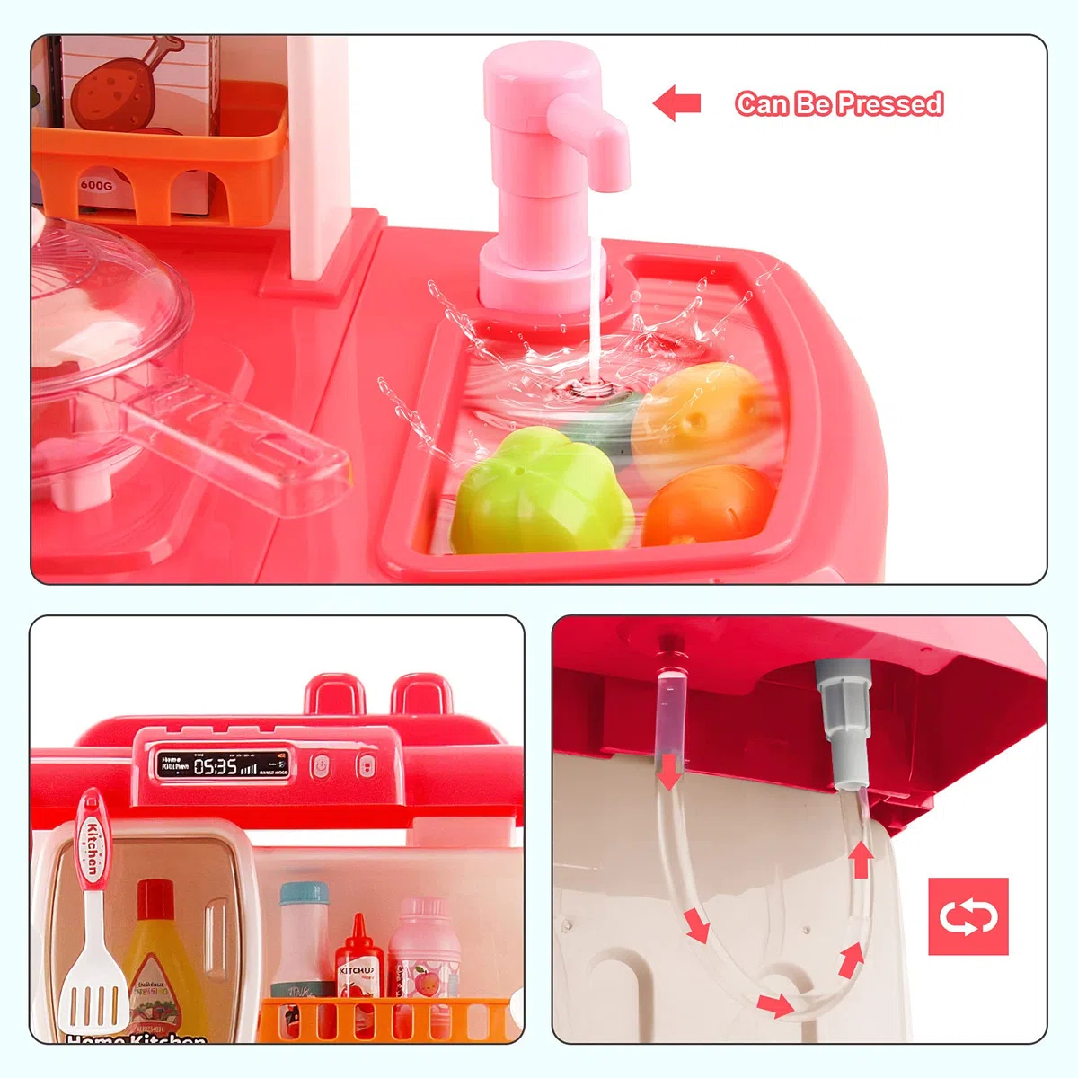 deAO Set da cucina "Mon Petit Chef" con 34 accessori, piastra di cottura a induzione, acqua, luce e suono (rosa)