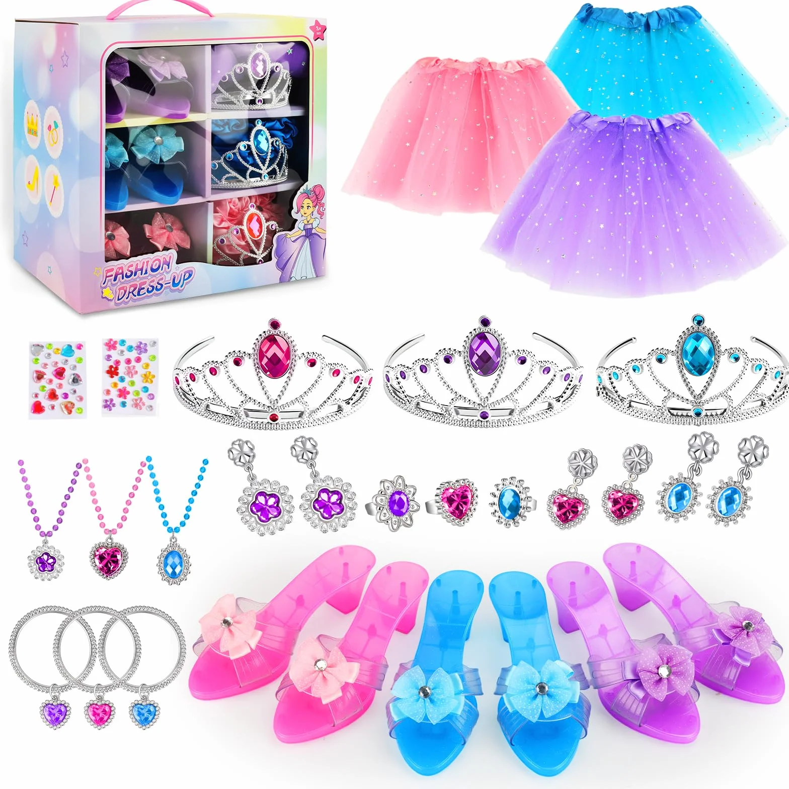 Scarpe giocattolo principessa bambina,Prinzessin Spielzeug mit 3 Paar Schuhen,3 Tüllrock,Krone, Halskette,Geburtstag Weihnachten Geschenke für Mädchen 3 4 5 6 Jahre-X