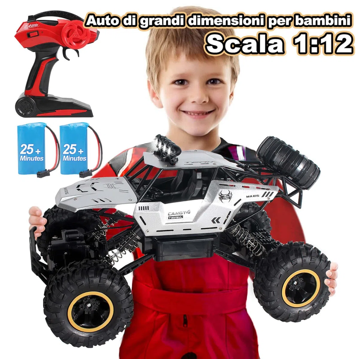 Jiakora 1:12 Grande Macchina Telecomandata per Bambini, 2,4 GHz RC Auto Monster Truck, 4WD Camion Auto Telecomandato con luce LED, 2 batterie, RC Cars Natale Compleanno Regalo per ragazzi dai 3 anni