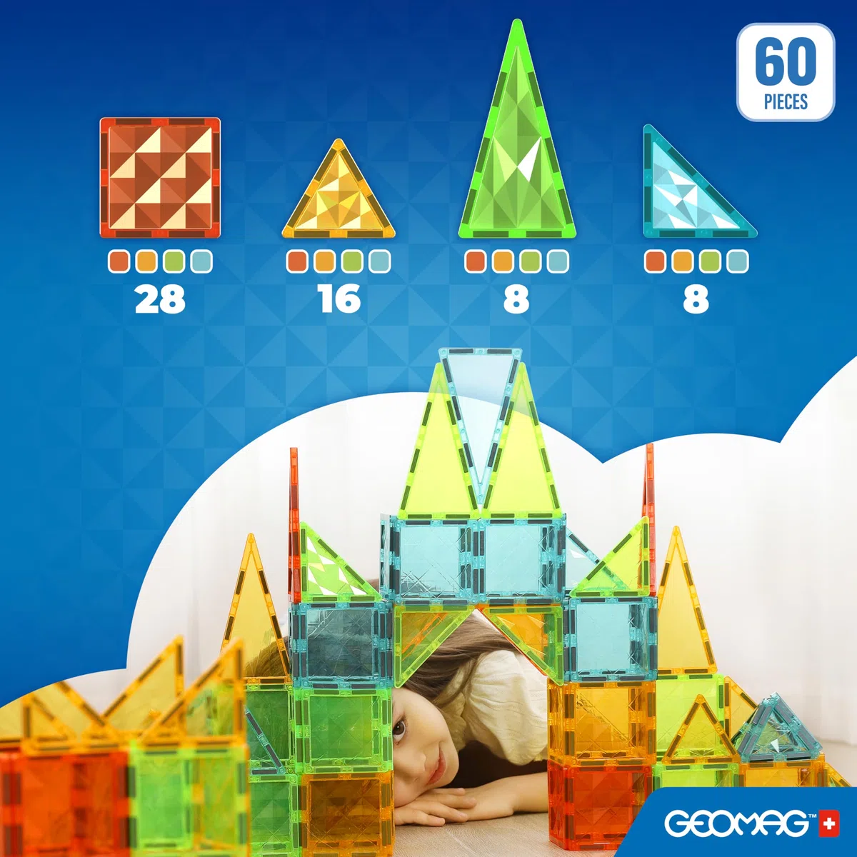 Geomag - Magnetic Tiles Gems 60 Pezzi, Costruzioni Magnetiche per Bambini, Tessere e Blocchi Magnetici 4 Forme, Giochi Bambini 3 Anni+, Giochi Montessori STEM Educativi, Idea Regalo Natale Compleanno