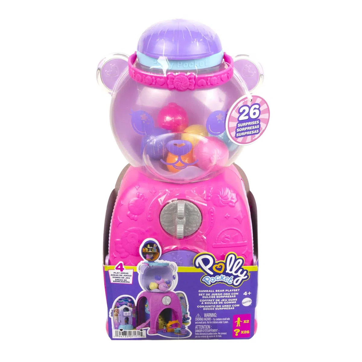 Polly Pocket Orsetto Dolci Sorprese - Playset con 4 aree gioco e 32 pezzi gioco: 2 bambole, caramelle non commestibili e funzione di ricarica, Giocattolo per Bambini 4+ Anni, HJN90
