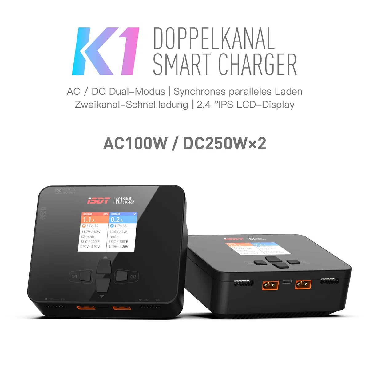 ISDT K1 Lipo - Caricatore AC 100 W/DC 250WX2, per batterie Life/Lilon/LiPo 1-6S/ LiHv/Pb/NiMH RC