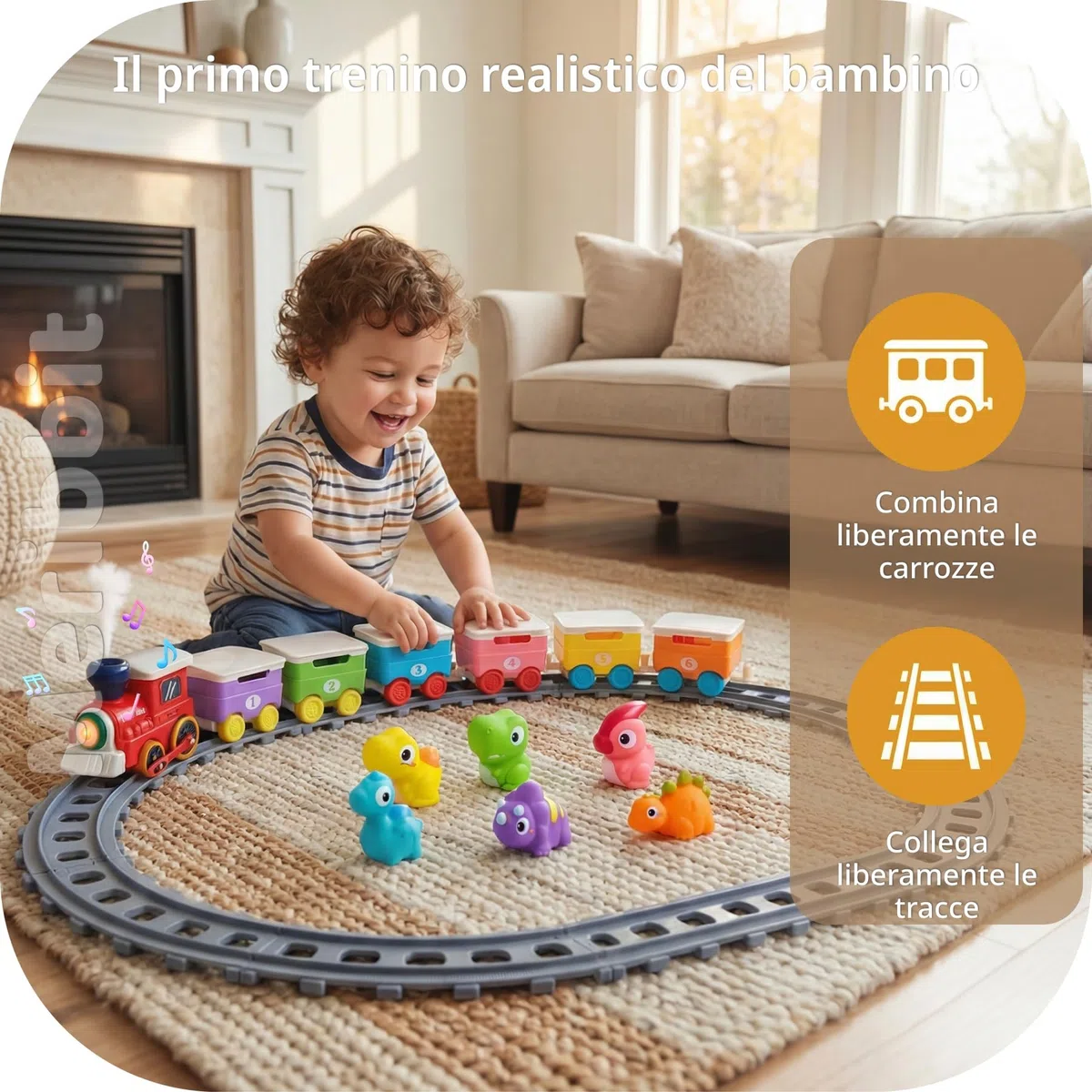 Trenino con Binari, Luci ed Effetto Vapore, Dinosauri Marionette da Dito, Giocattoli Montessori Sensoriali, Gioco Educativo per Bambini 2 Anni, Regalo 1-3 Anni