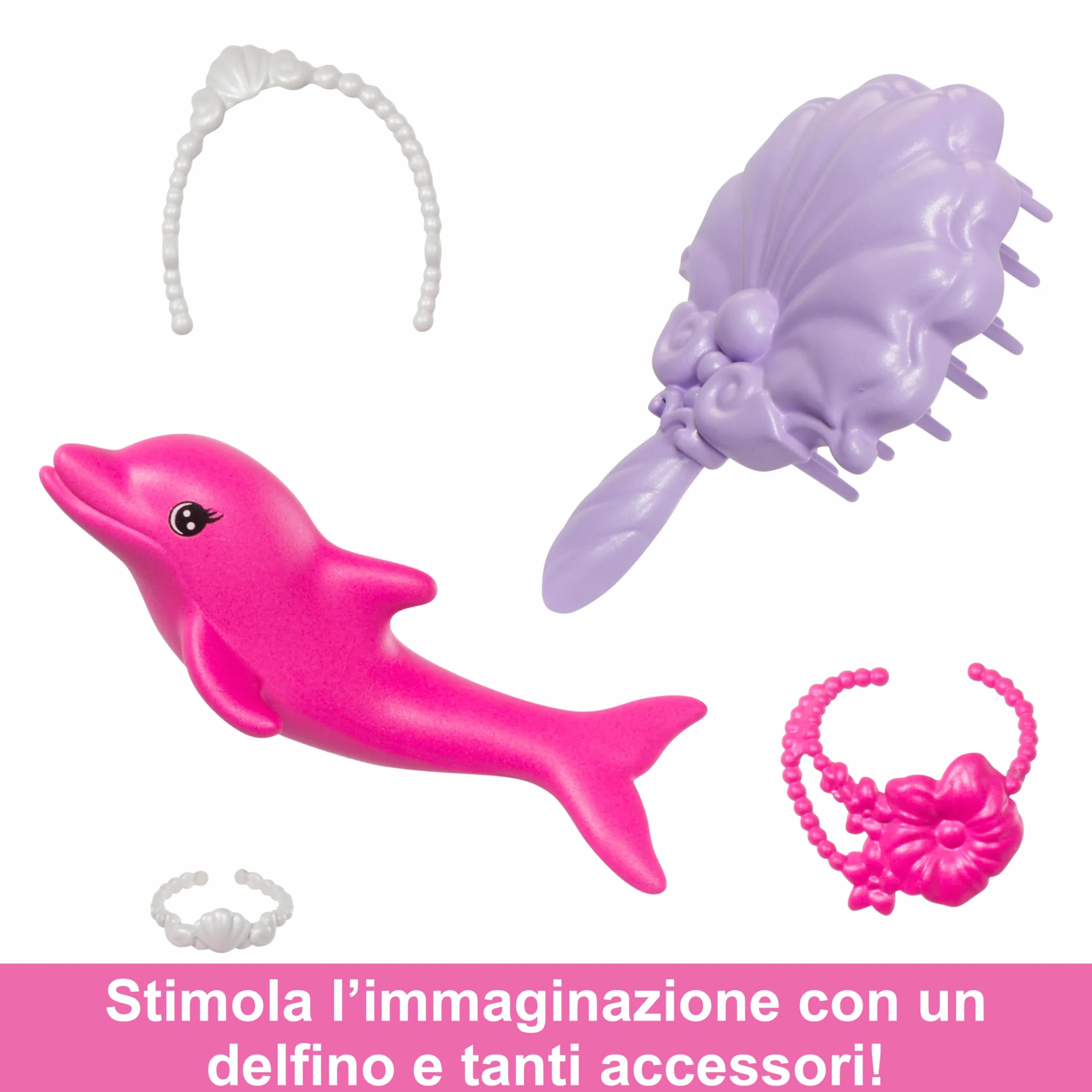 Barbie - Malibu Sirena, bambola con capelli rosa e accesory per lo styiling, funzione cambia colore in acqua, cucciolo di delfino incluso, giocattolo per bambini, 3+ anni, HRP97