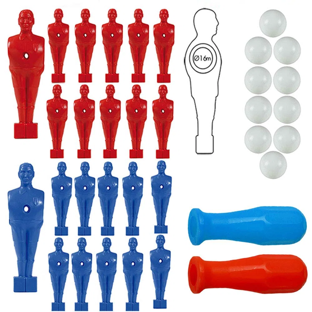 Calcio Balilla Set 22 Giocatori ometti per Calcio Balilla. 11 Blu e 11 Rossi, con Quattro 4 manopole Rosse e Quattro 4 Blu. Palline in Omaggio.