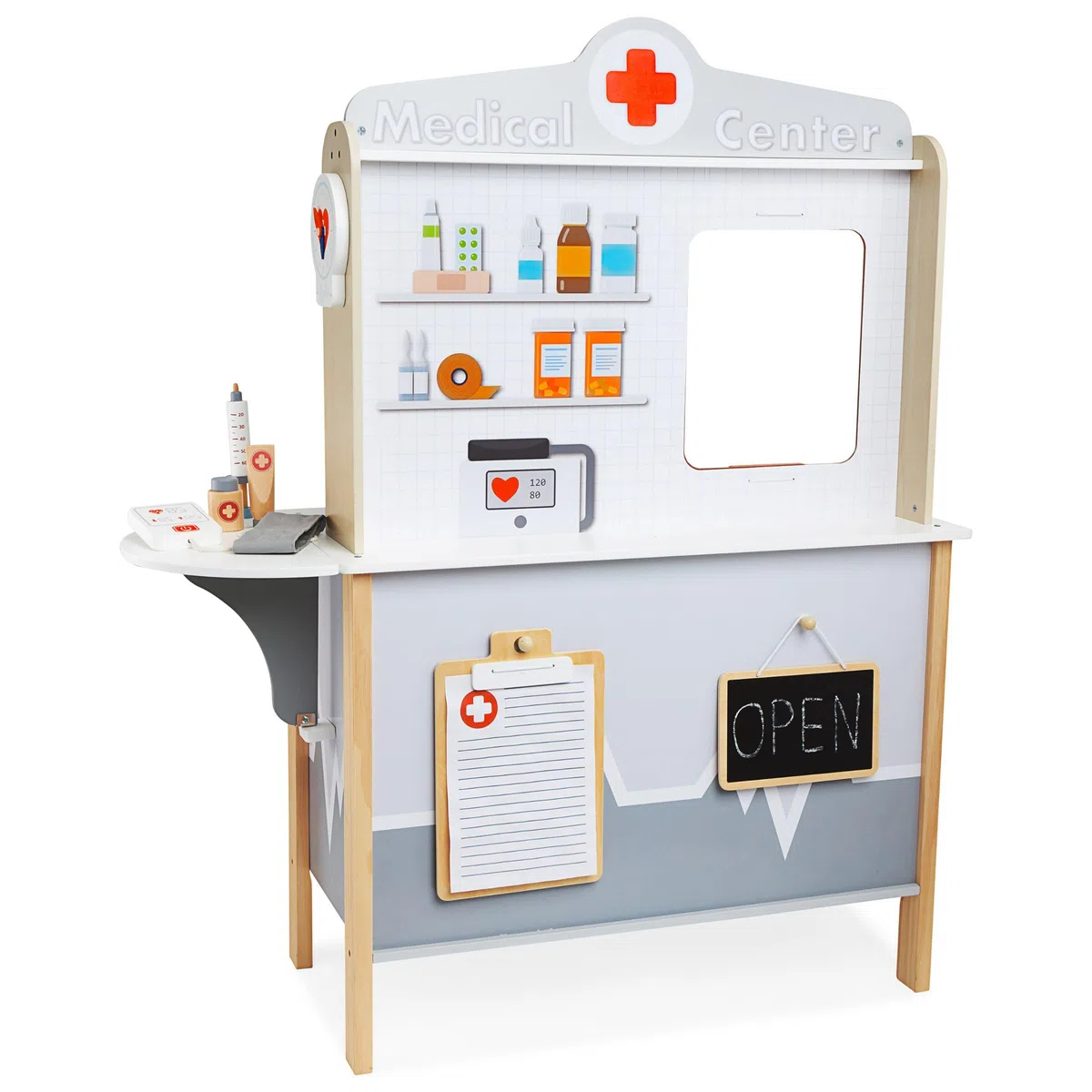 Mamabrum Armadietto dei Medicinali in Legno XXL - Set da Medico con 20 Accessori Realistici e Valigetta per Bambini