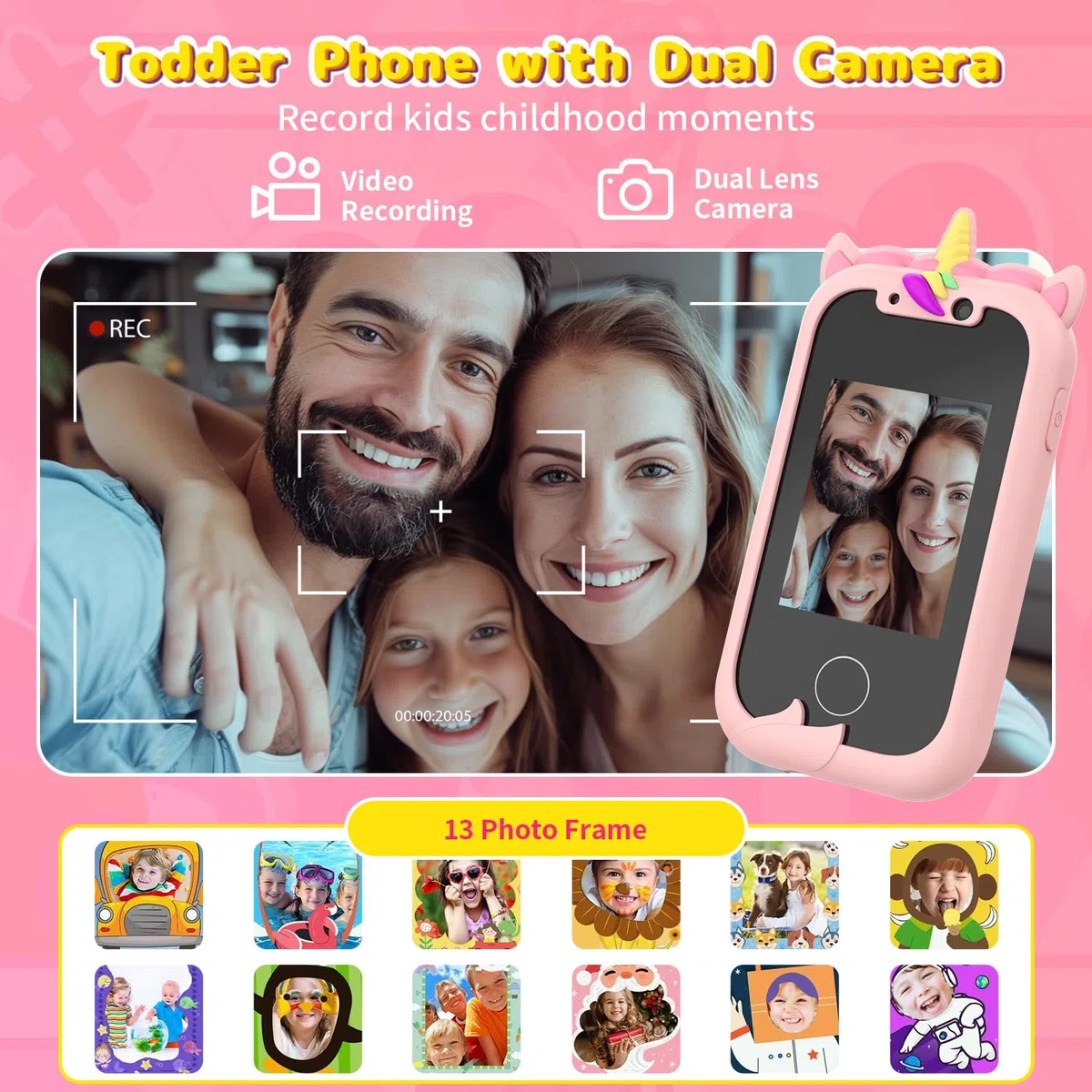 Ashfly Telefono Giocattolo per Bambini - Smartphone Per Bambini, Cellulare per Ragazze, Regalo Giocattoli per Bambina 3 4 5 6 7 8 9 10 anni Compleanno Natale, 2,4" Cellulare Giocattolo Educativo