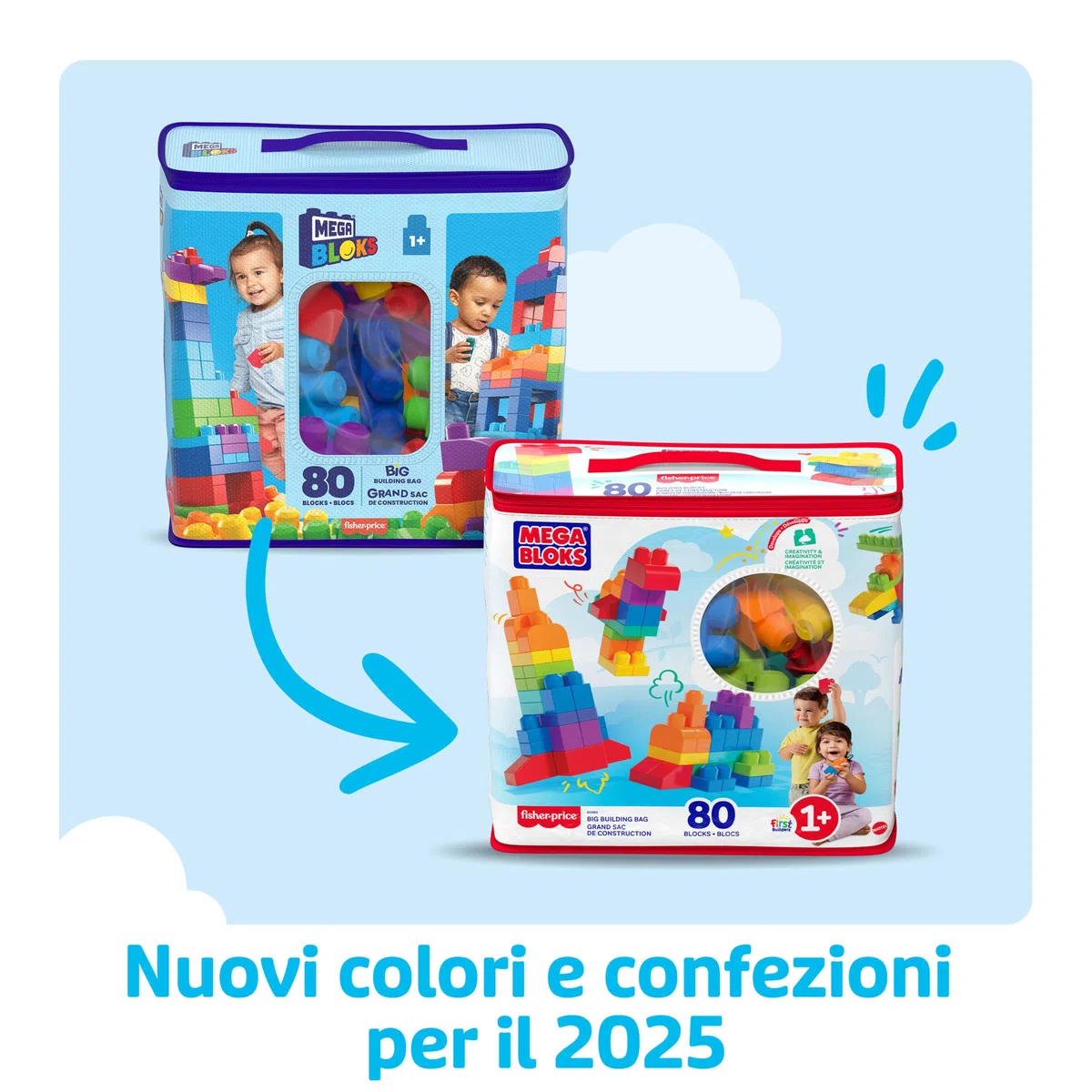 MEGA Bloks-Big Building Bag Sacca Ecologica, 80 Pezzi, Blocchi da Costruzione, Giocattolo per Bambini 1+ Anni, Colore Blu, DCH63