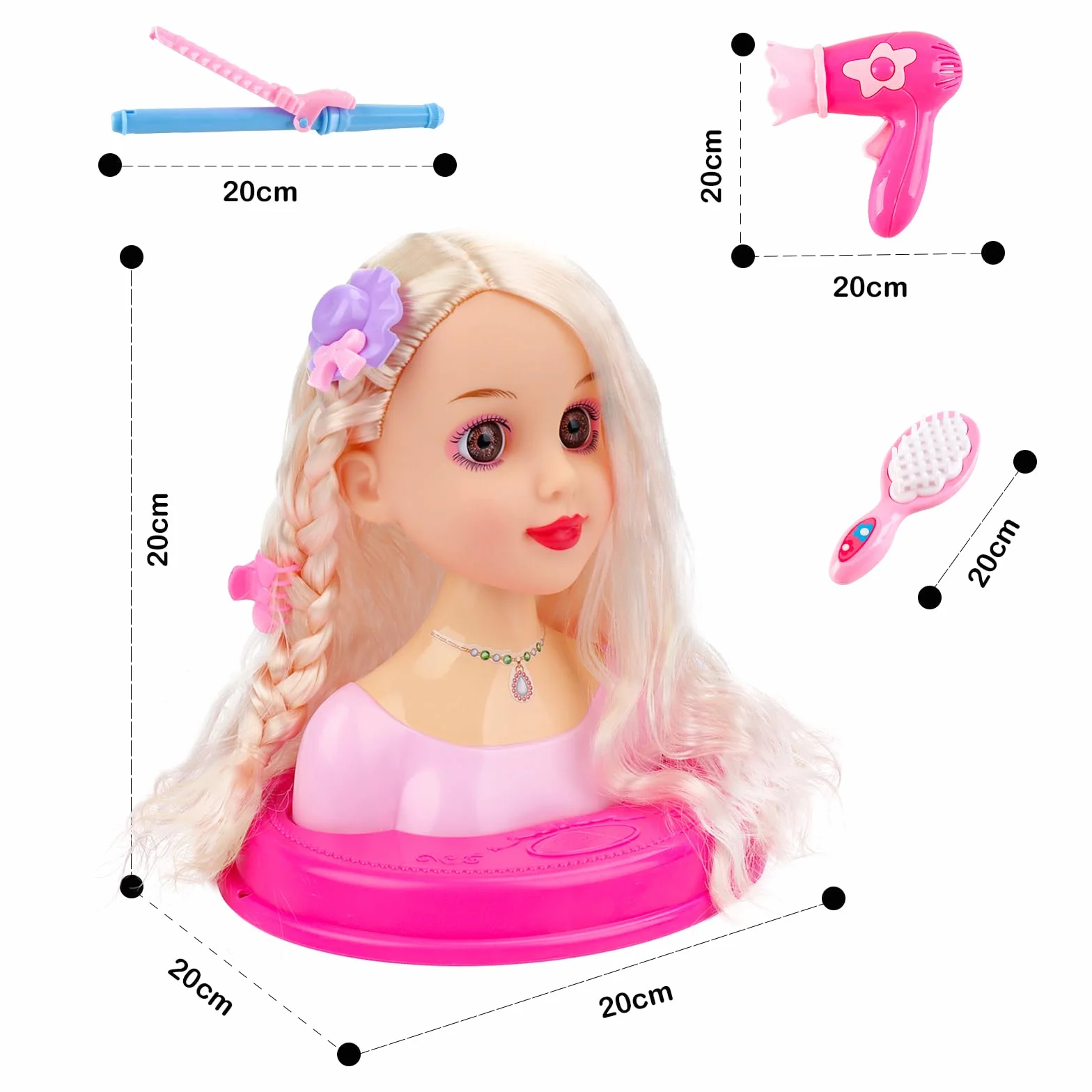 deAO Bambola testa parrucchiere per bambini, testa di bambola styling con asciugacapelli, testa di parrucchiere per bambole da principessa, accessori per capelli e trucchi, giocattolo per ragazze per
