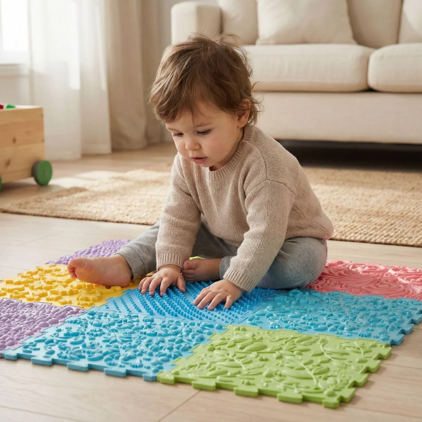 KiddyMoon Tappeto Puzzle Sensoriale Gioco Educativo Tapis Thérapeutique 9 Pezzi, Multicolore