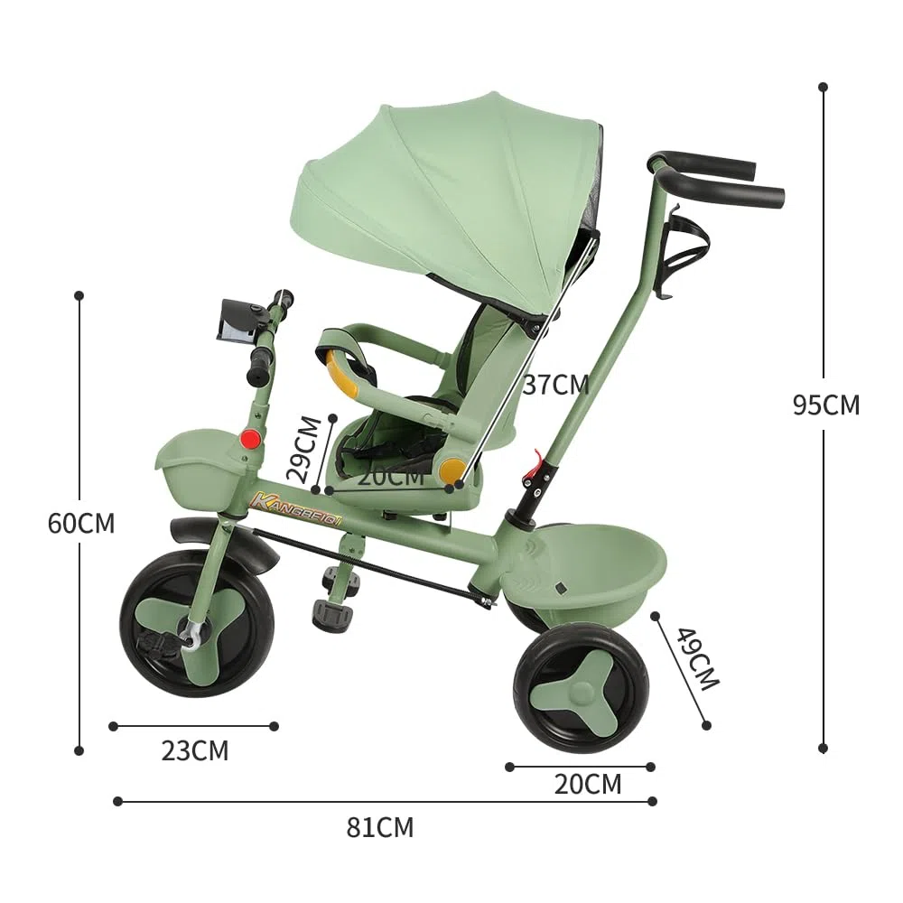 Triciclo bambini fino 25 kg, Passeggino con Maniglione regolabile, Bici, Sedile girevole Fronte Mamma e Strada, Cappottina pieghevole, Ruota libera,100 * 75 * 50 cm - Verde