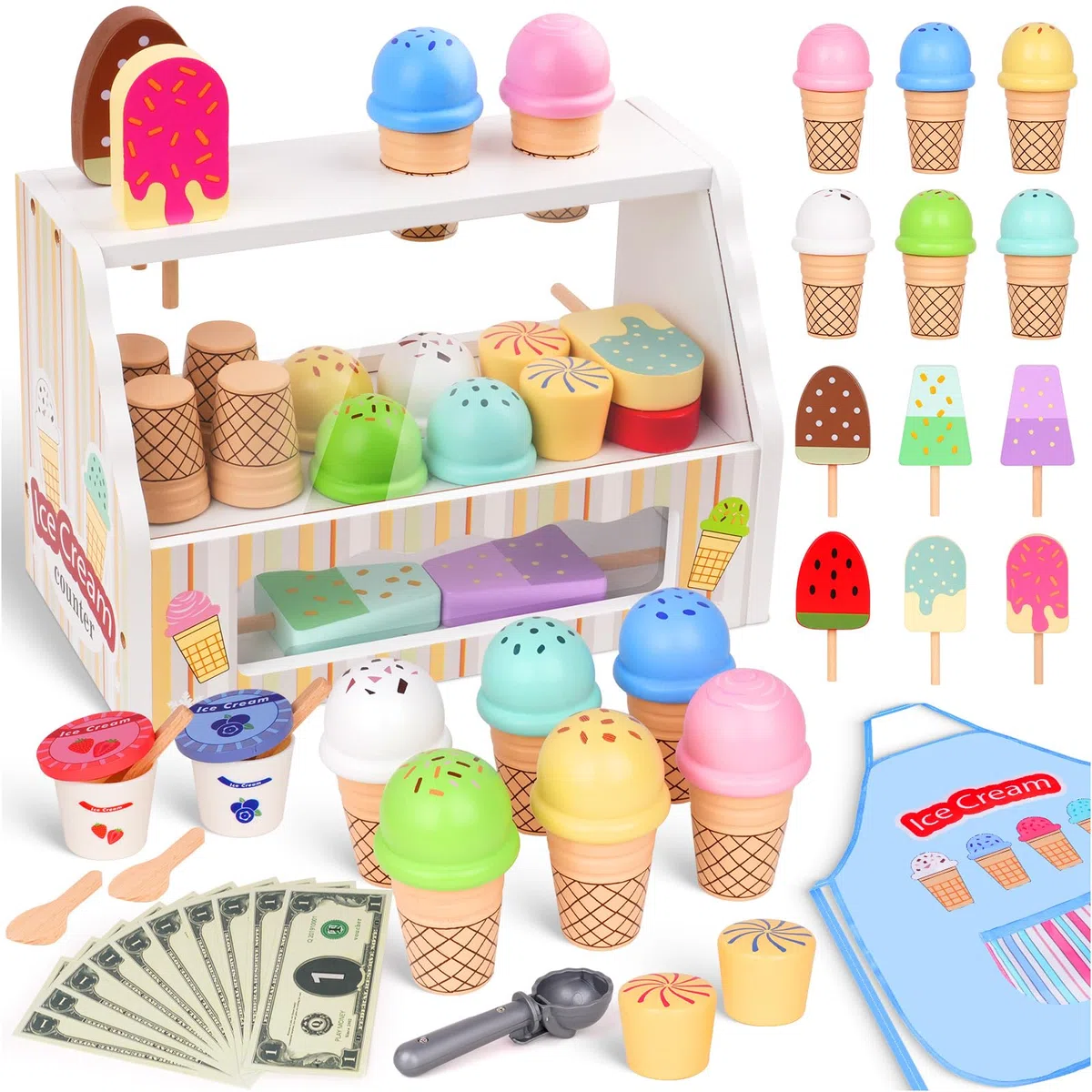 Gelateria Giocattoli in Legno per Bambini - Giochi Bambini 3 Anni, Accessori da Cucina da Gioco in Legno Montessori Gioco di Ruolo Regali di per Ragazze e Ragazzi 3 4 5 6 Anni