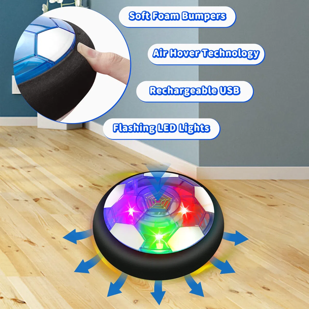 Pallone Calcio Fluttuante - 3-in-1 Air Hover Calcio con Luci LED Paracolpi in Bchiuma Floating Air Soccer Giocattoli Sportivi Esterni Indoor per Ragazzi Ragazze Bimbi 3 4 5 6 7 8-12 Anni