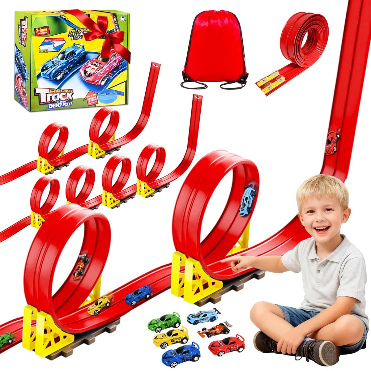 Piste Macchinine per Bambini 5M, Pista Flessibile Macchinine Doppio con 6 Auto, 4 Ventose Regalo, Portatile Pista Macchinine Per Bambini Regalo 3 4 5 6 7 Anni (Rosso)