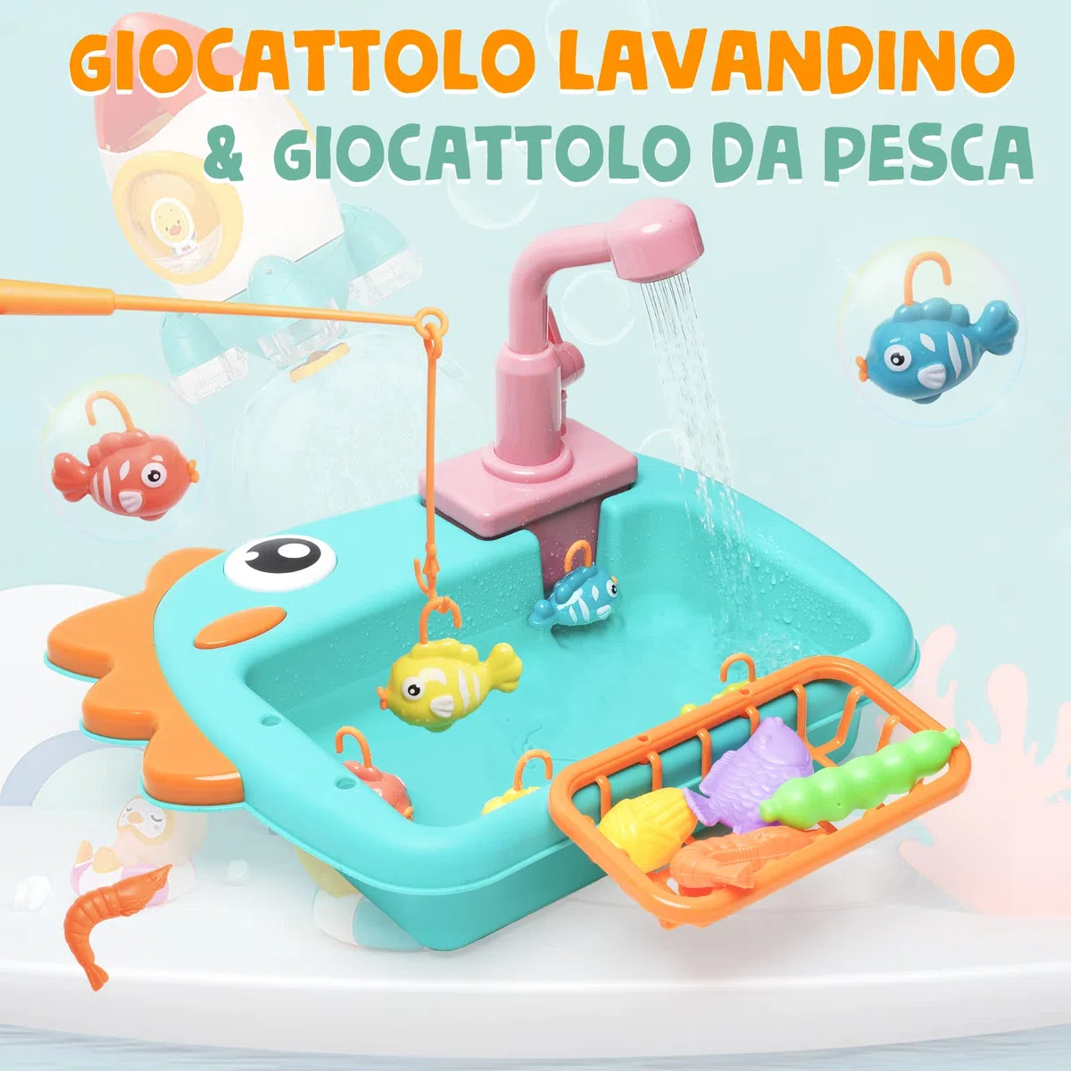 Giocattolo del Lavandino della Cucina Giocattoli da pesca,Giocattolo da Cucina Multifunzionale con Rubinetto Elettrico Aggiornato,Giocattoli educativi intelligenti per bambini 3 ai 6 Anni