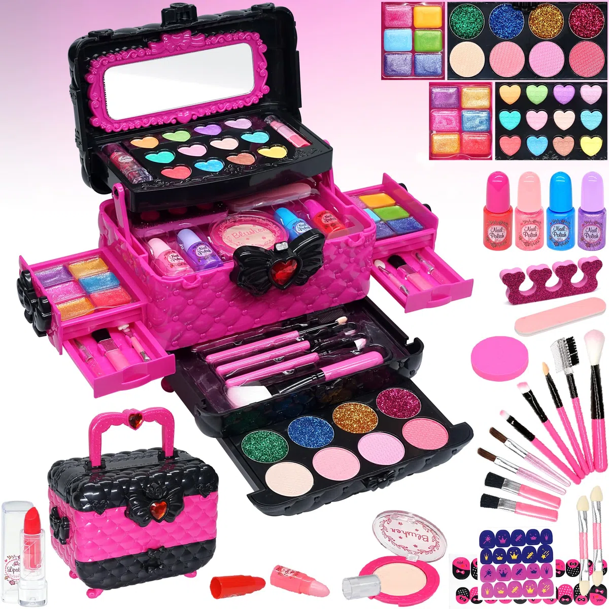 Valigetta Trucchi Bambina - Set Anallergico e Lavabile, Borsa Reale per Principessa, Regalo Compleanno 4-9 Anni (Rosa)